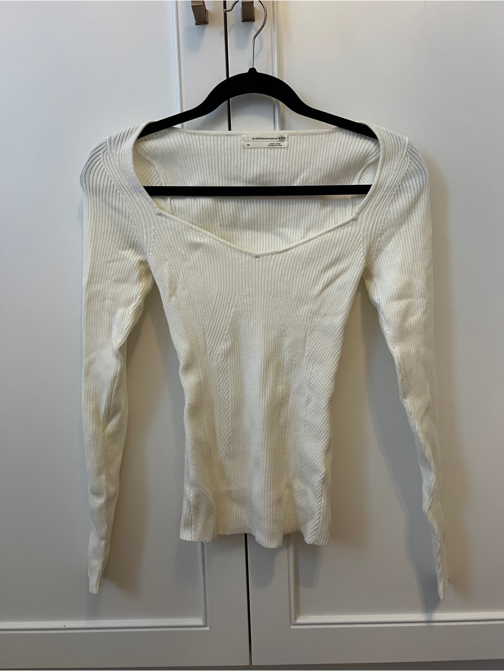 Anthropologie Ribbed Long-Sleeve Scoop Neck Top - Cream
